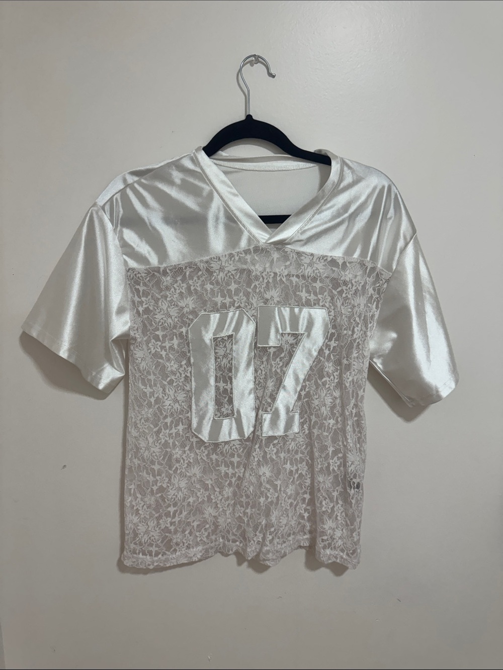 SHEIN White Satin & Lace Jersey Top with 07 Applique
